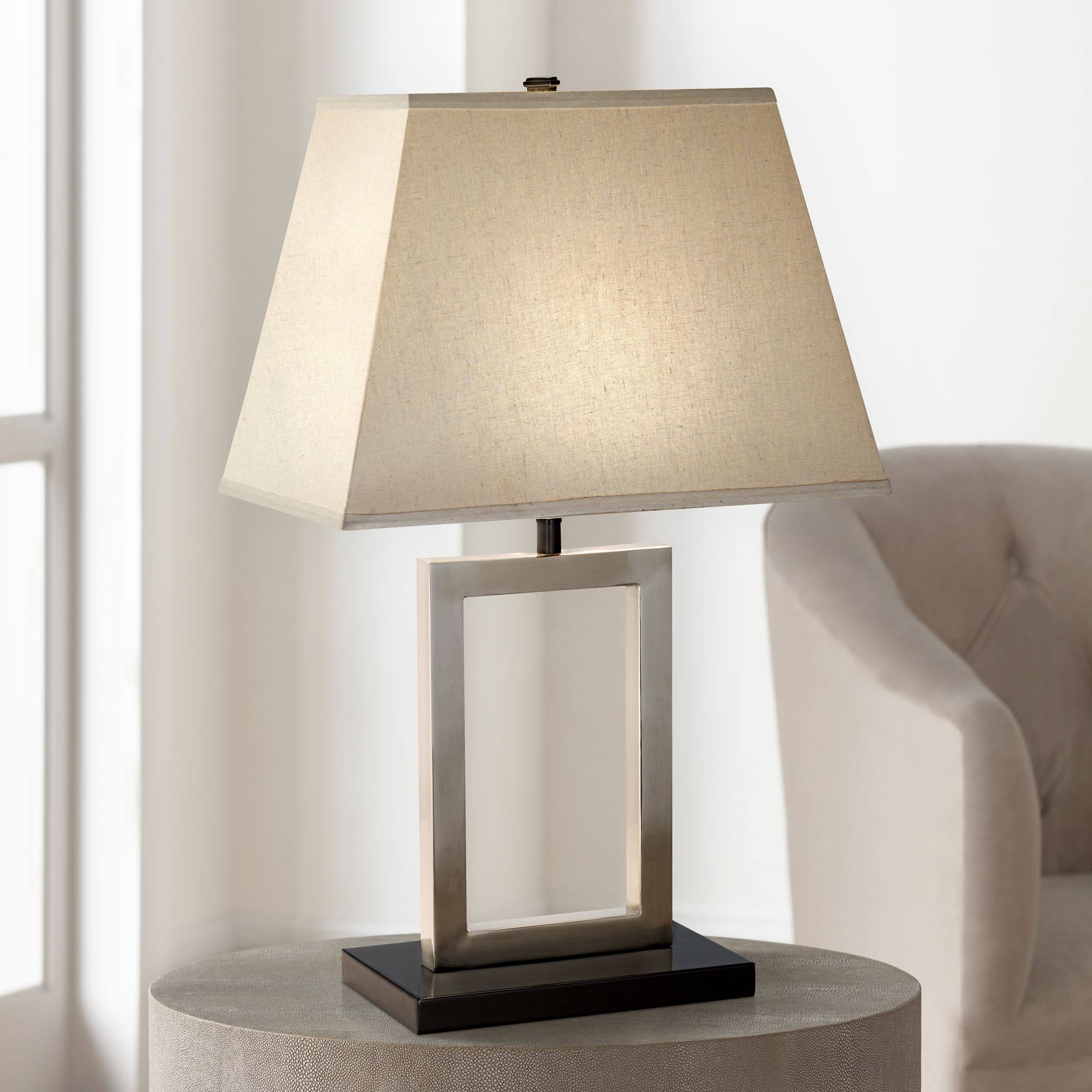 360 Lighting Modern Accent Table Lamp Brushed Steel Open Window Rectangular Linen Shade for Living Room Family Bedroom V3UPOR_OSAQ