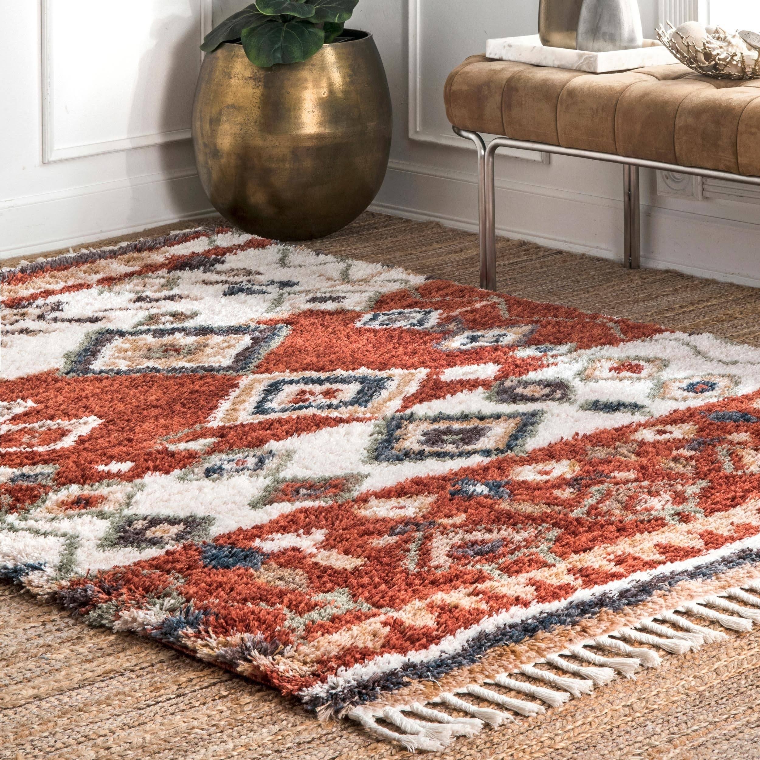 The Curated Nomad Redwood Transitional Southwestern Moroccan Lozenge Tassel Shag Area Rug - 5' 8UDUSK_123I