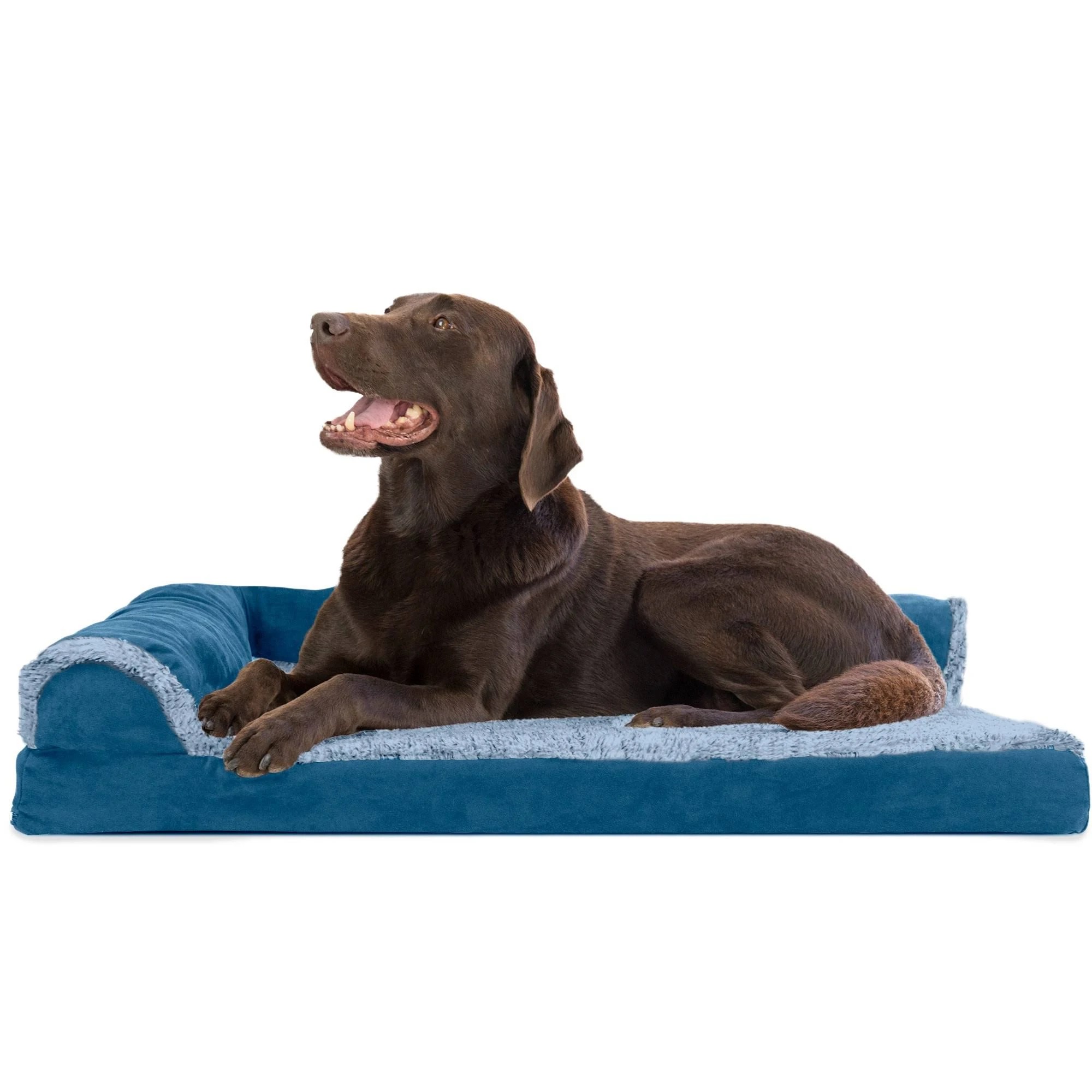 FurHaven Two-Tone Faux Fur Suede Deluxe Chaise Lounge Orthopedic Sofa Dog Bed - Large, Marine 3DMVSM_9B9U