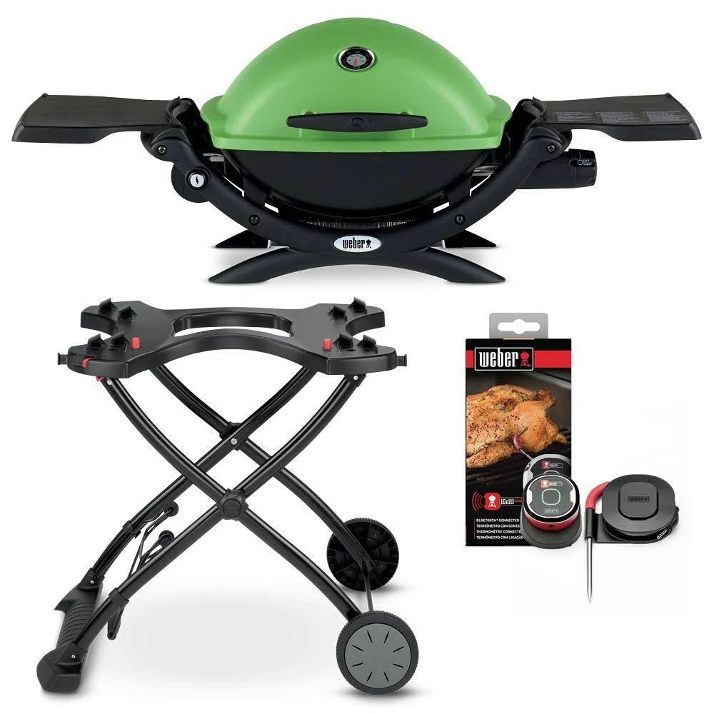 Weber Q 1200 1-Burner Portable Propane GAS Grill Combo in Green with Rolling Cart and iGrill S7V41N_W3ER