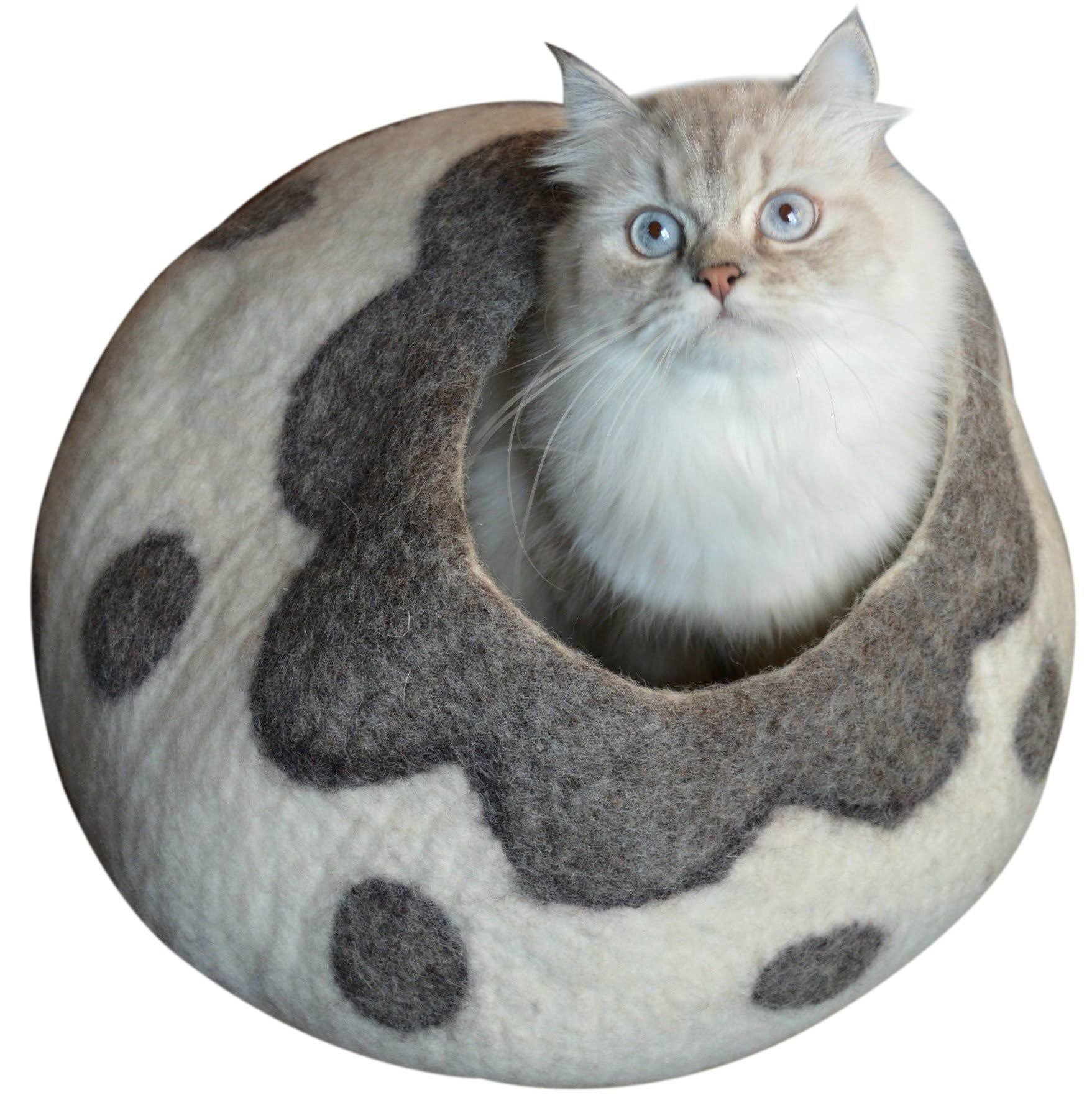 Earthtone Solutions Cat Cave Bed, Gray White Handmade Natural Felted Merino WDEEDT_AJME