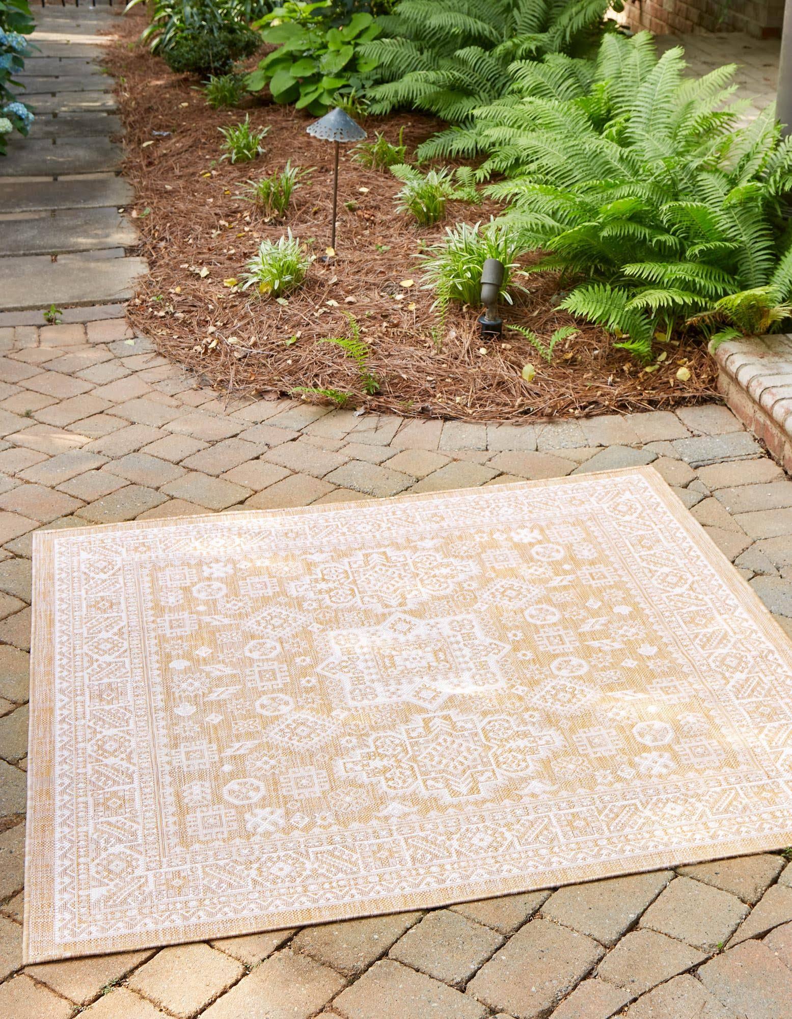 Outdoor Aztec 10 ft Square Natural Floral Area Rug Indoor Outdoor PEEIUS_FKZZ
