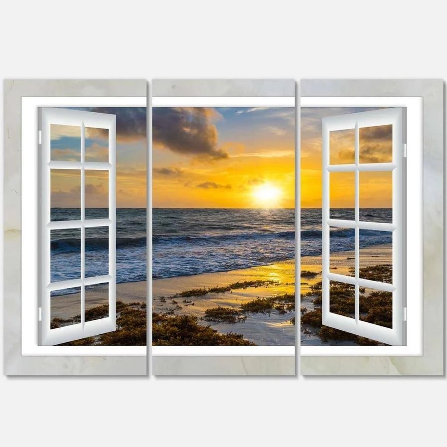 Design Art Open Window to Bright Yellow Sunset - Modern Seascape Canvas 551FRB_MZKF