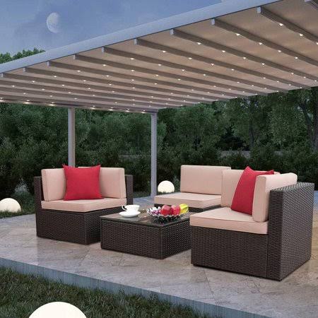 Lacoo 4 Pieces Patio Rattan Sectional Set Outdoor Conversation Set with Chushions and Table, TDK5WG_ZJ6X