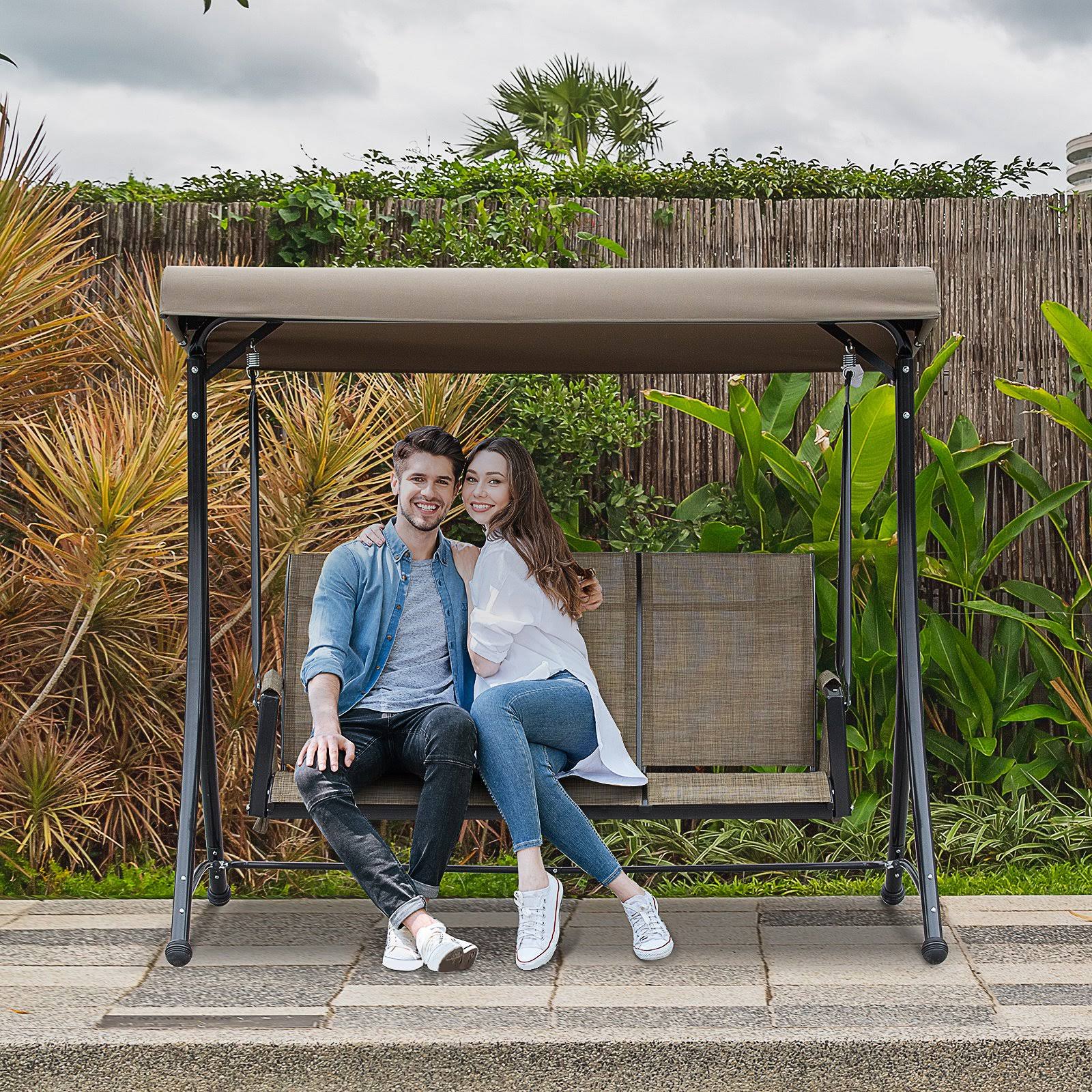 Outsunny 3 Person Steel Outdoor Patio Porch Swing Chair with Adjustable Canopy A Sling Mesh Seat - 6CCCMU_ARVN