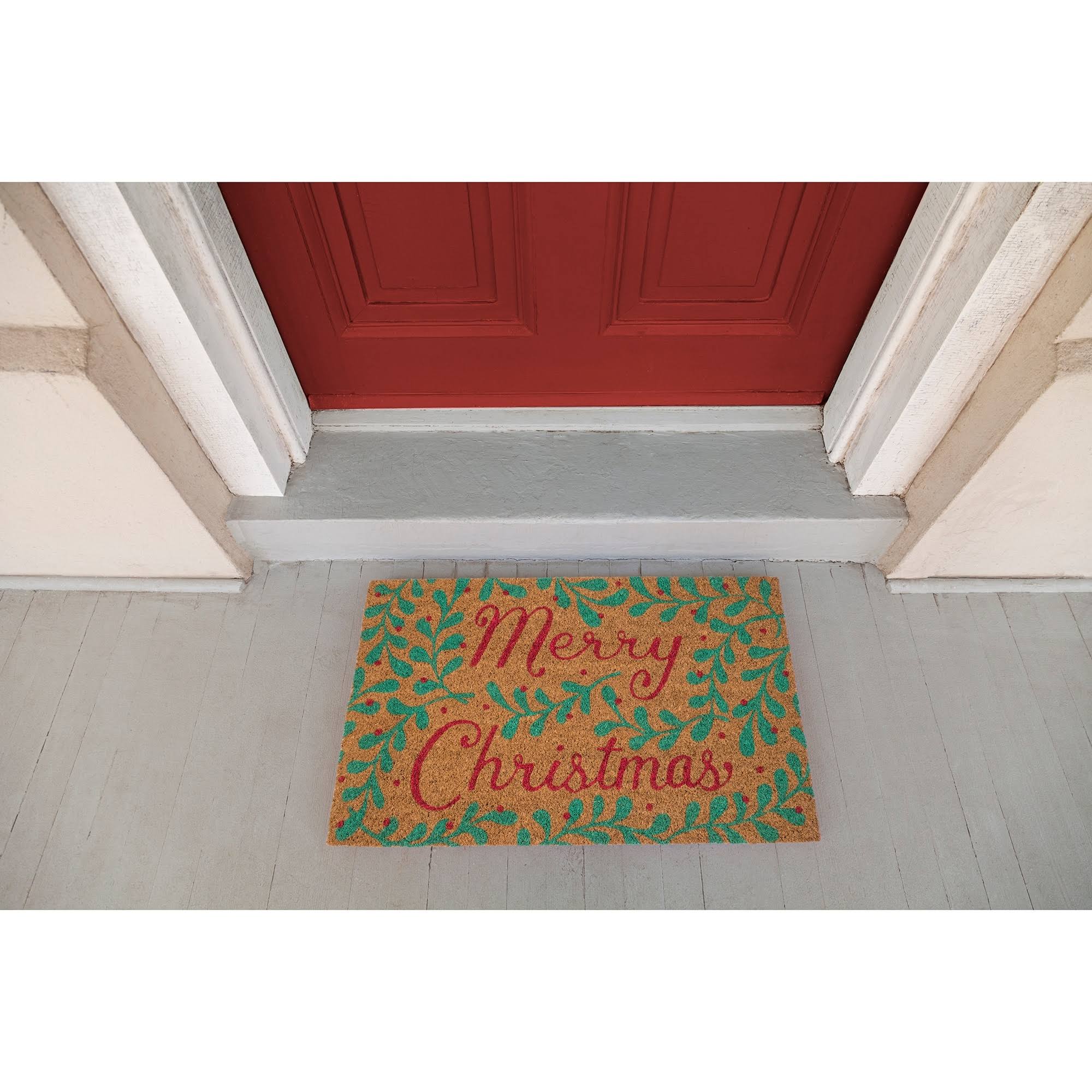 Entryways Merry Mistletoe Christmas Coir Indoor Outdoor Doormat, 17 inch x 28 inch, Red and Green, Size 28W x 17L x 0.BHSNIG_4WLN