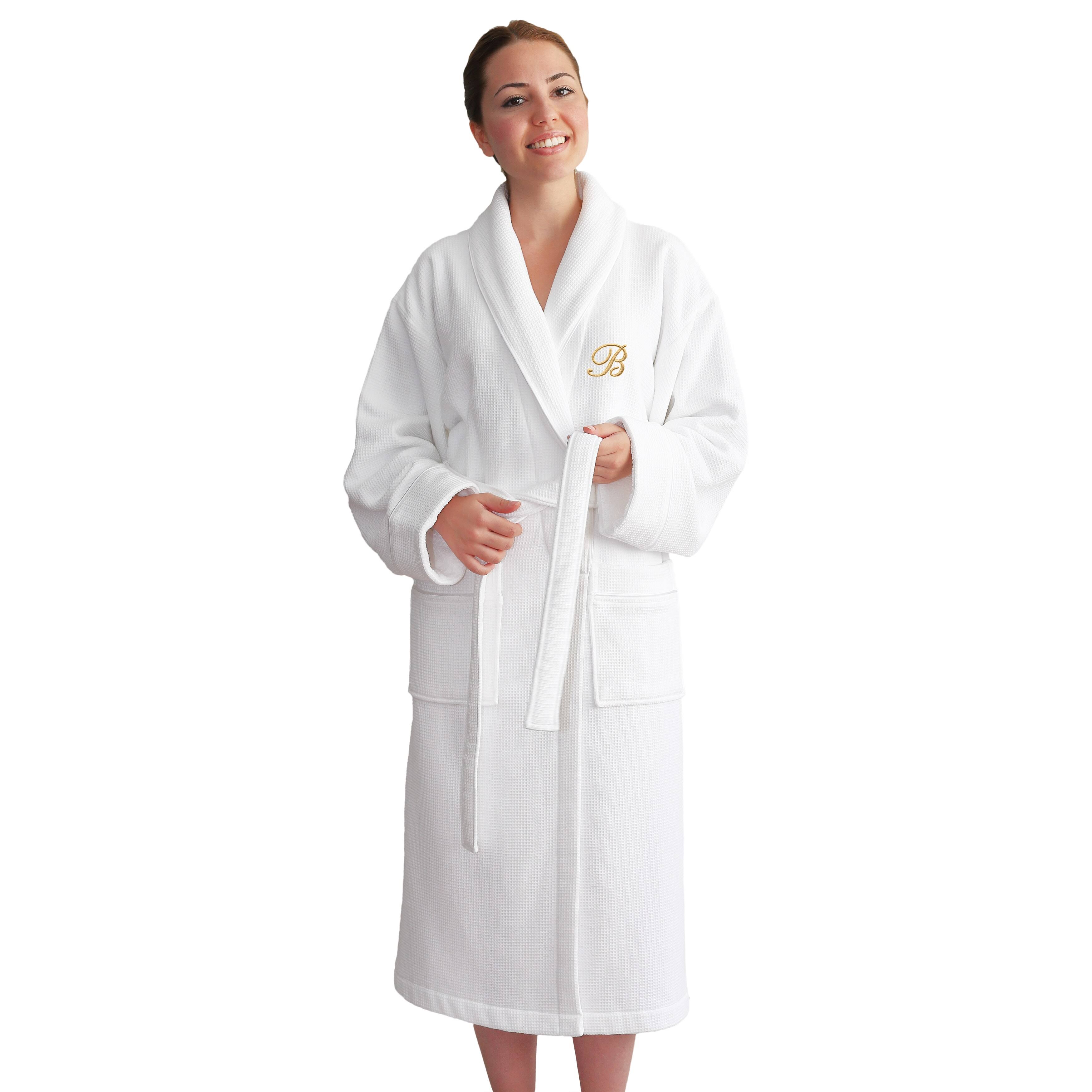 Authentic Hotel and Spa Unisex Gold Monogrammed Turkish Cotton Waffle Weave Terry Bath Robe - Small/Medium -PJN1QI_1NOR