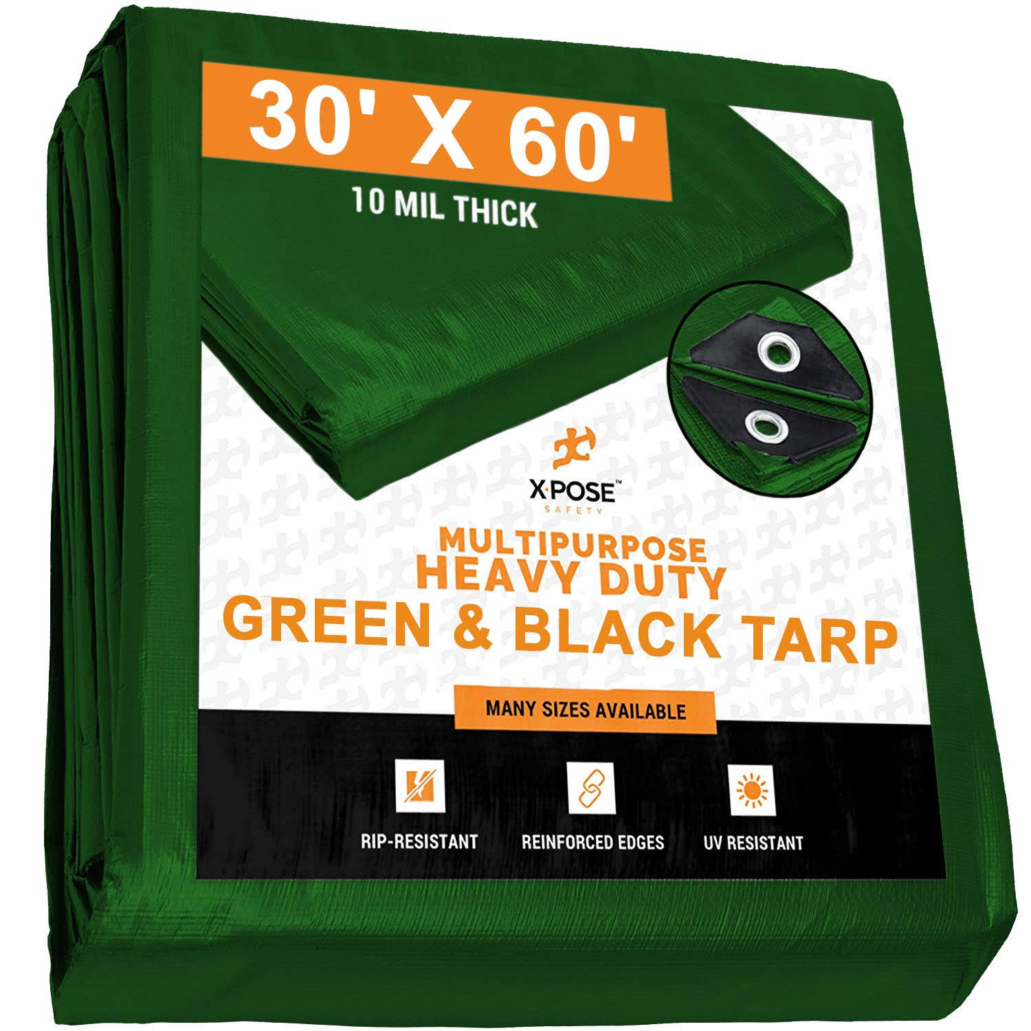 Xpose Safety Heavy Duty Poly Tarp 30 Feet x 60 Feet 10 Mil Thick Waterproof, UV Blocking Protective Cover - Reversible Green BPKBBM_RHPX