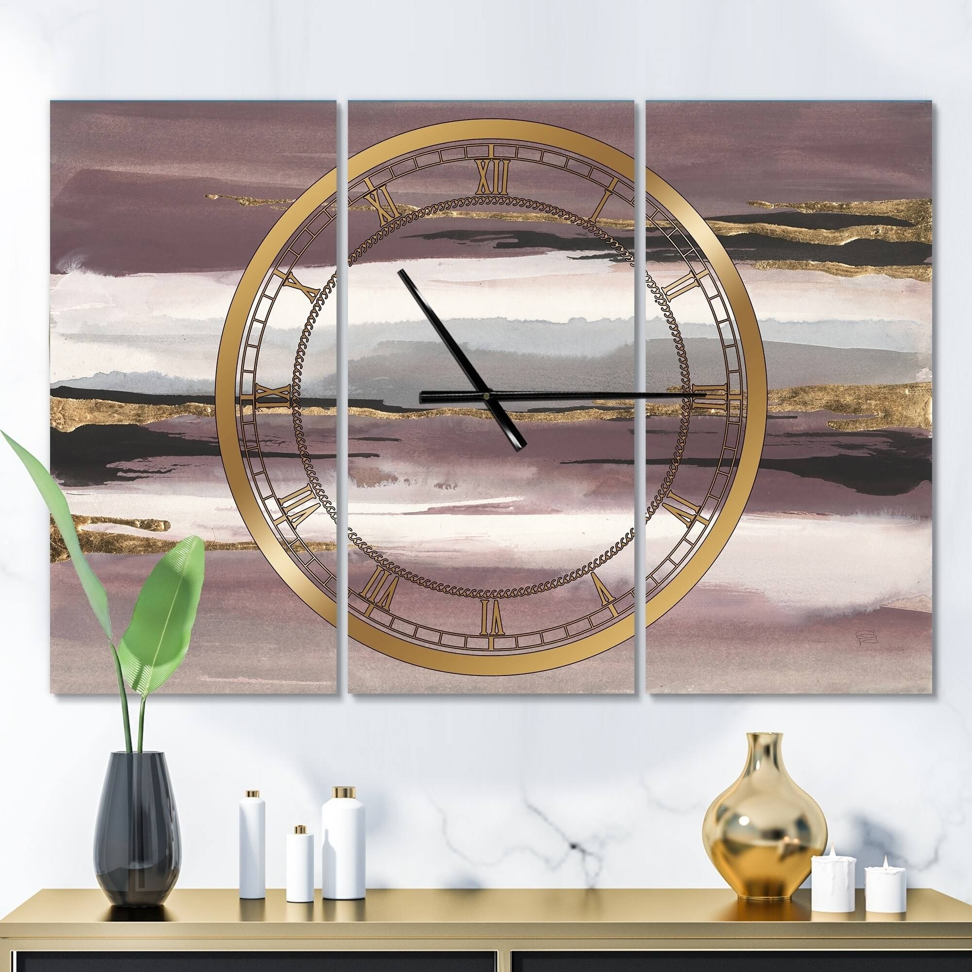 Designart 'Purple Glam Storm I' Glam 3 Panels Oversized Wall Clock - 36 in. Wide x 28 in. High - 3 GTTTRX_UYBQ