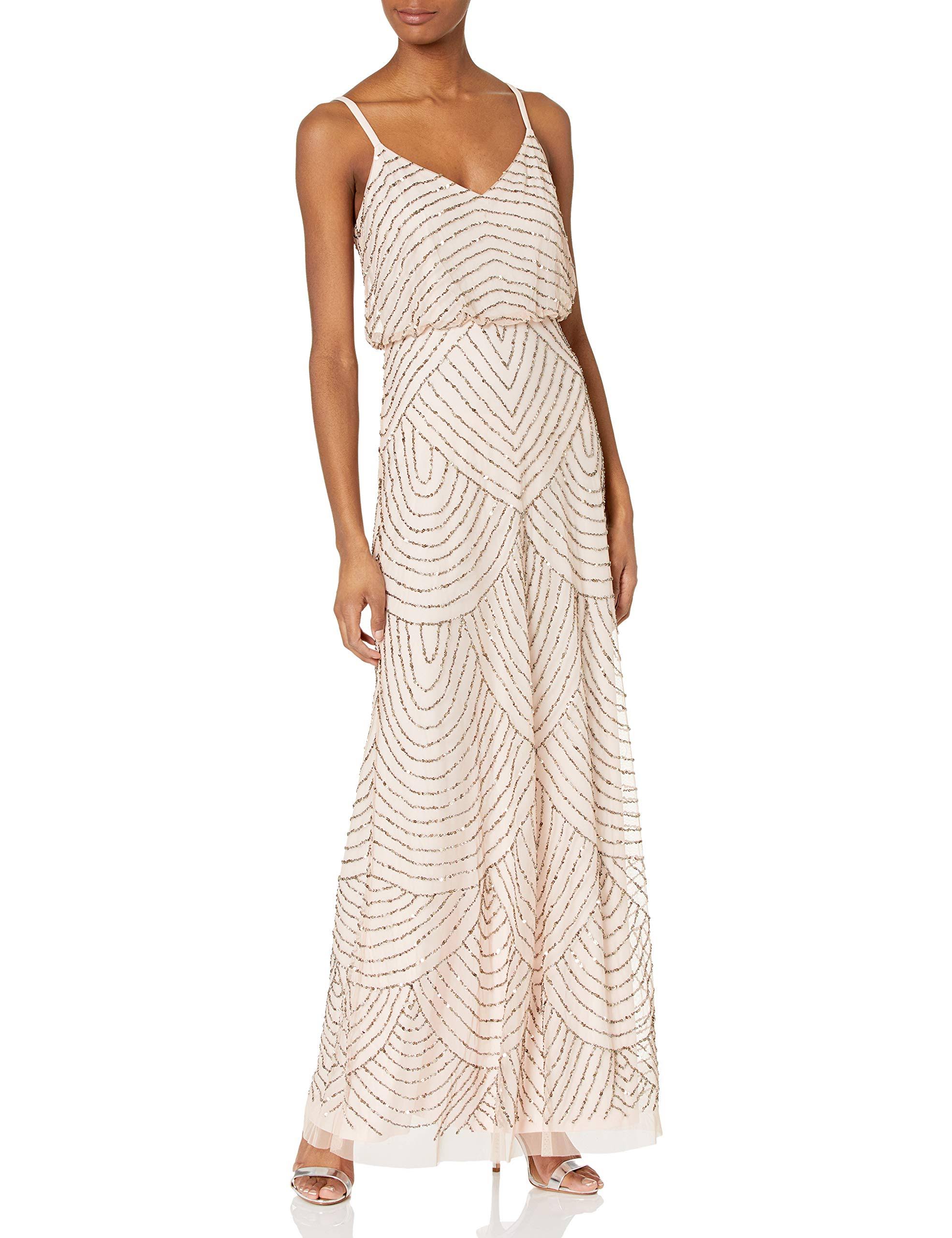 Adrianna Papell Art Deco Beaded Blouson Gown, Blush Gold, Size PBWQDB_VEQG
