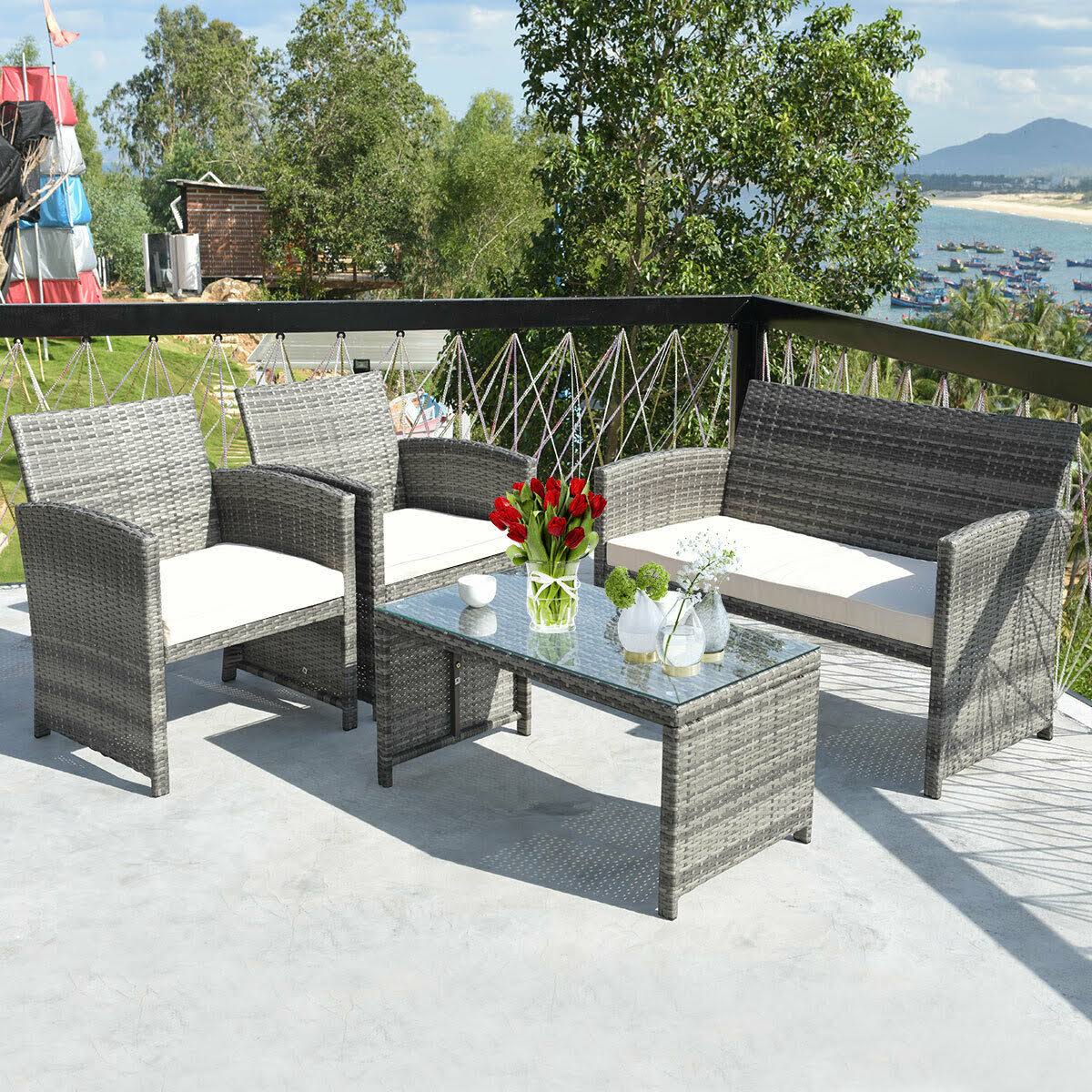 Costway 4 PC Rattan Patio Furniture Set Garden Lawn Sofa Cushioned Seat Mix Gray QTO3SC_JWR4
