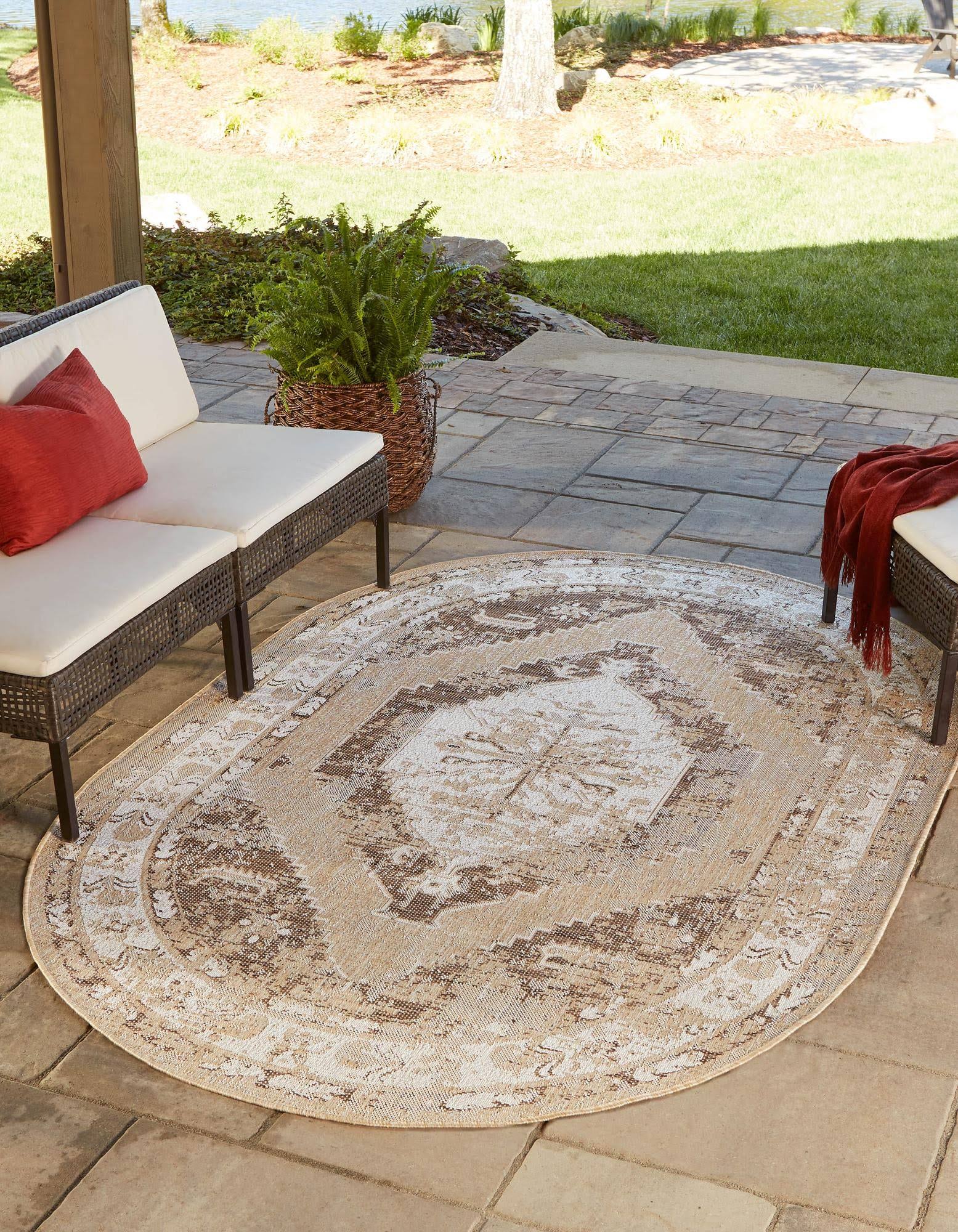 Outdoor Traditional 5x8 Oval Natural Floral Area Rug Indoor Outdoor K3OJYF_XS6J