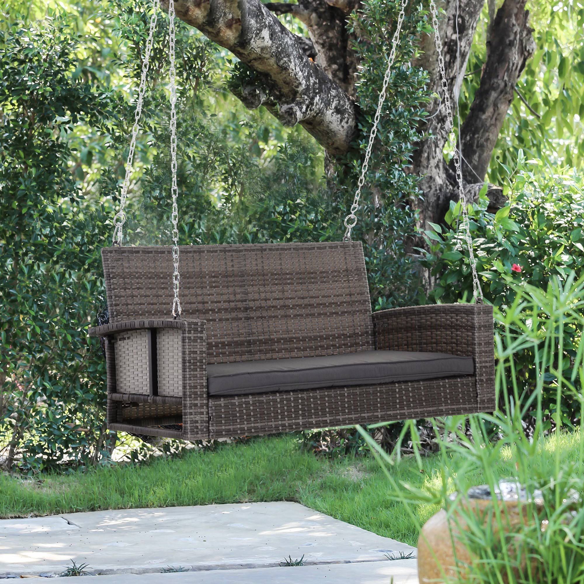 Outsunny 2-Person Outdoor Wicker Hanging Porch Swing Bench with Cushion  NUXMRE_J1XS