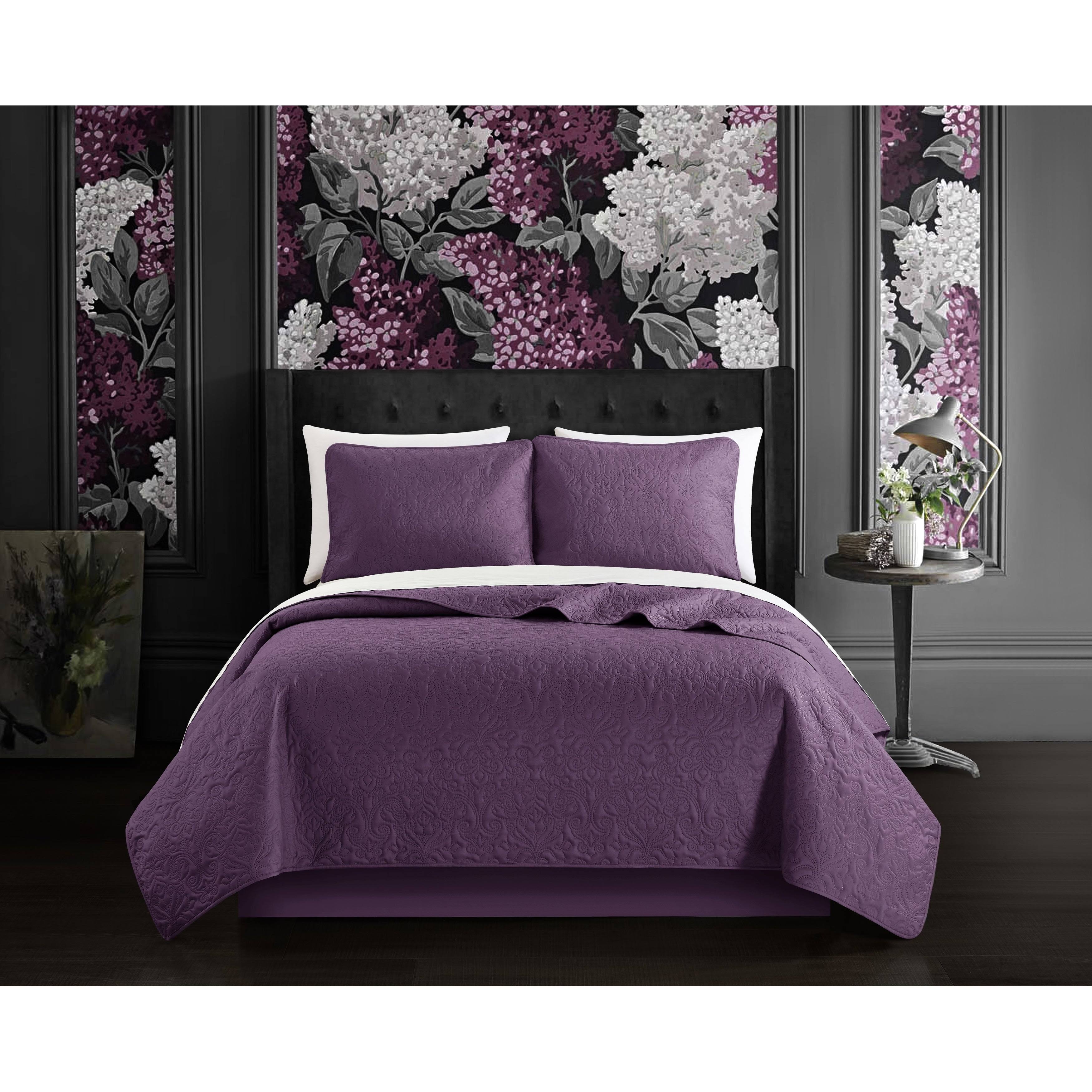 Chic Home Kora 3 Piece Floral Scroll Pattern Quilt Set - Purple - LAS91F_UNNJ