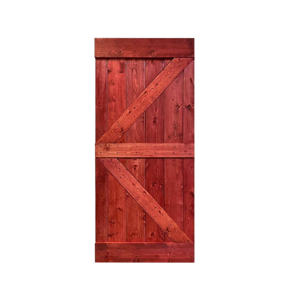 CALHOME K Series 42 in. x 84 in. Solid Cherry Red Stained Pine Wood Interior Sliding Barn Door ATJM3D_MI3H