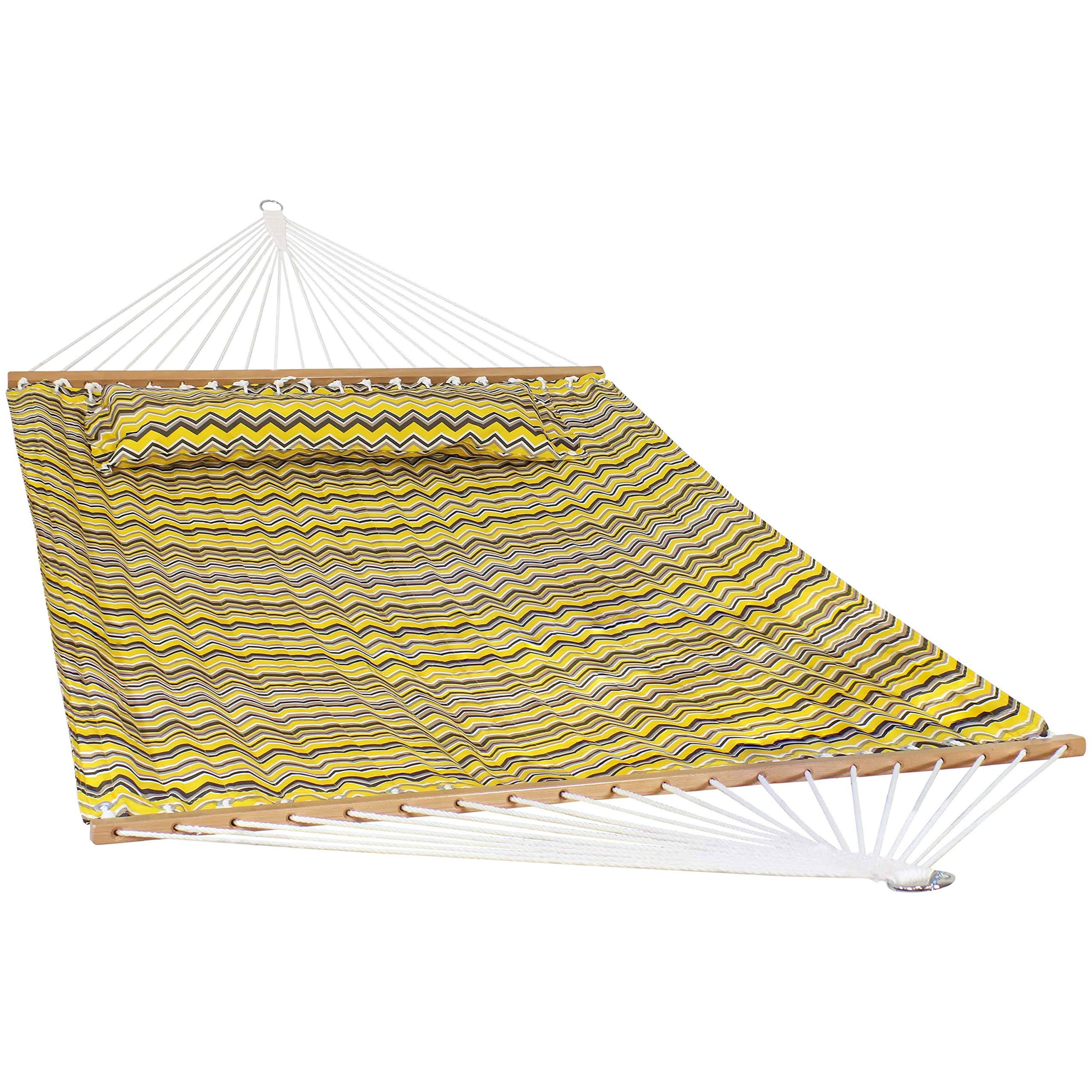 Sunnydaze 2-Person Fabric Spreader Bar Hammock and Pillow - Yellow Gray PVEFCL_QMWN